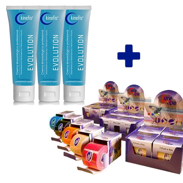 PACK VENDAJE CURE TAPE: 6 Rollos Vendaje Neuromuscular Cure Tape 5cm X 5m + 3 Cremas  Kinefis Evolution 200 cc
